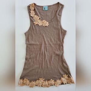 Vintage Damsel Tan Ribbed Tank Top With Peach Sequin Applique Women's Size L